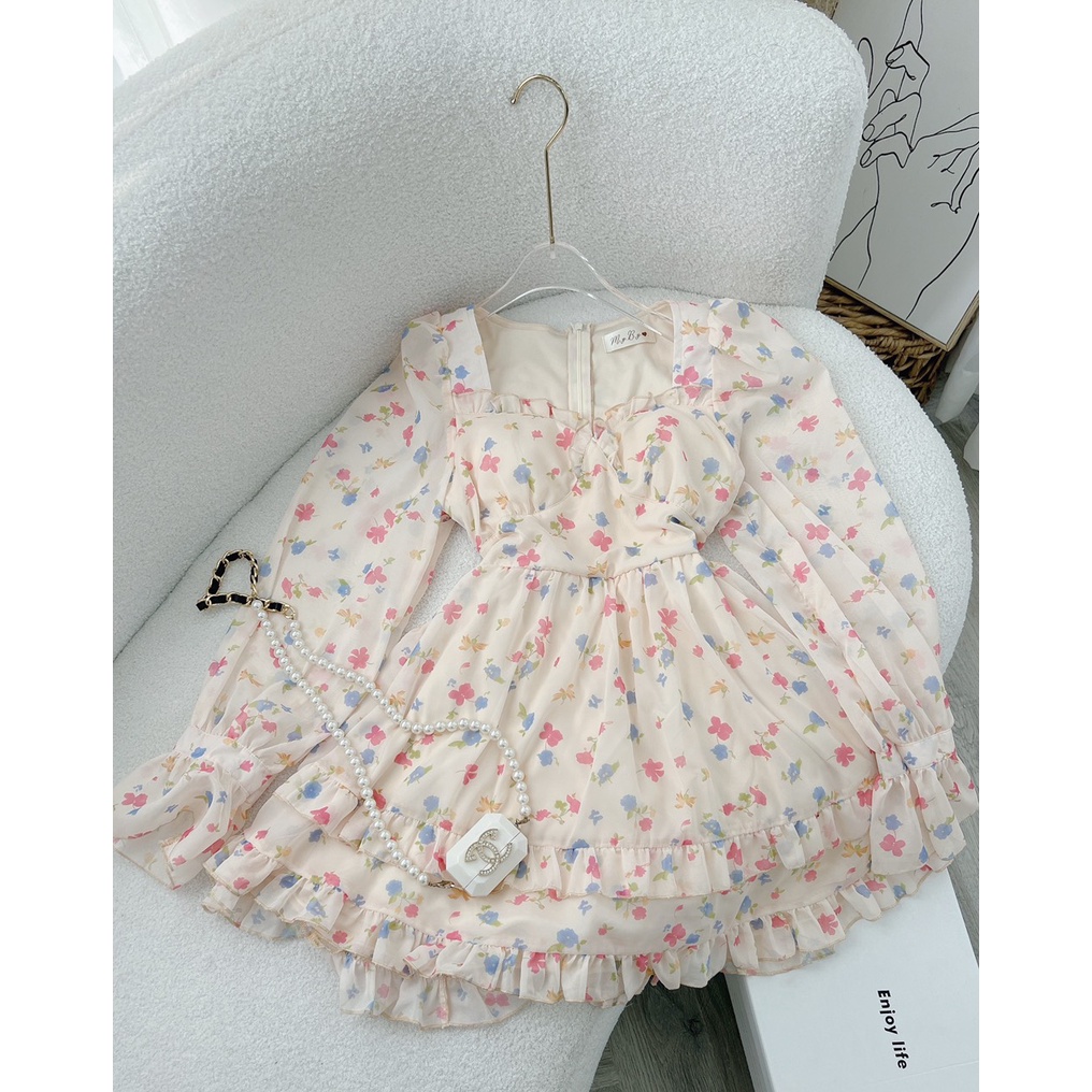 ĐẦM HOA CÚP NGỰC BÈO RỚT VAI TAY DÀI XÒE NHẸ