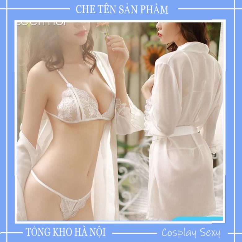 Áo Choàng Ngủ Kèm Set Bikini Cao Cấp, Set Đồ Ngủ Sexy Xuyên Thấu Gồm Áo Choàng + ĐỒ Lót Mã ACBI001, Màu đen,trắng TKVN | BigBuy360 - bigbuy360.vn