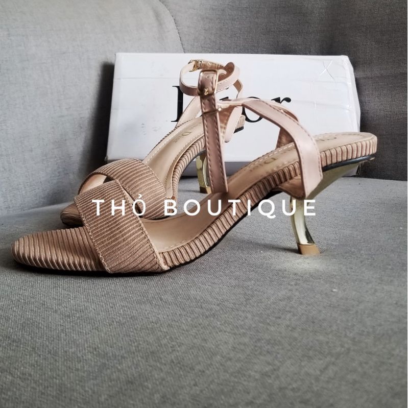 Giày sandal cao gót DI.OR xuất xịn vải gân màu be nude gót cong 6cm size 37-38