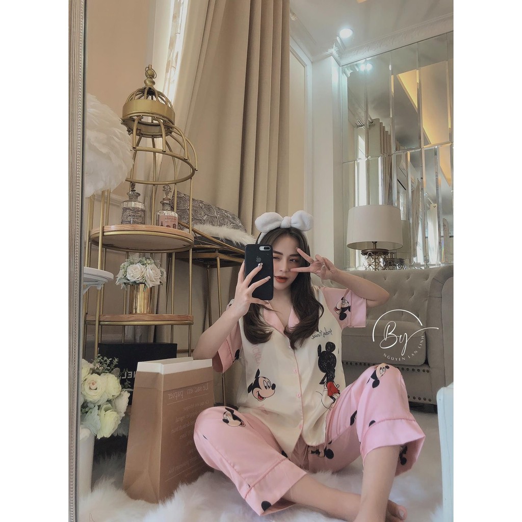 Pijama Lụa SATIN, LATIN nhà SAM chuột mickey siêu xinh, kute pho mai que Form dưới 60 kí