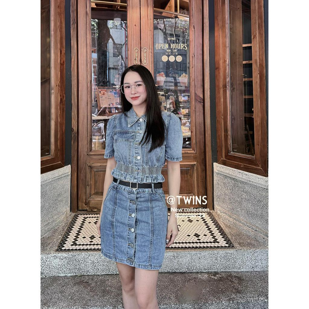 Set đồ nữ jeans cộc tay chun eo chân váy hàng khuy 8868