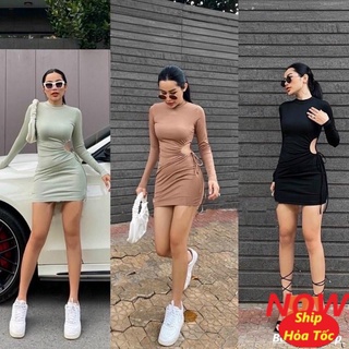 Đầm body khoét tròn rút dây eo, Váy ngắn nữ ôm tay dài