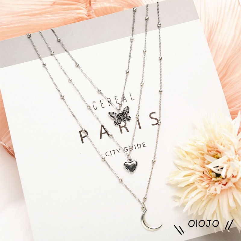 Vòng cổ nhiều lớp bằng kim loại mặt hình trái tim mặt trăng và bướm thời trang cho nữ-OLO