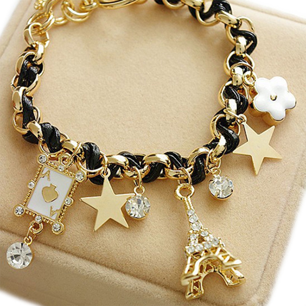 Vòng Tay Giả Da Đính Mặt Hình Tháp Eiffel/Ngôi Sao/Hoa/Chài Đền Thời Trang Cho Nữ YR
