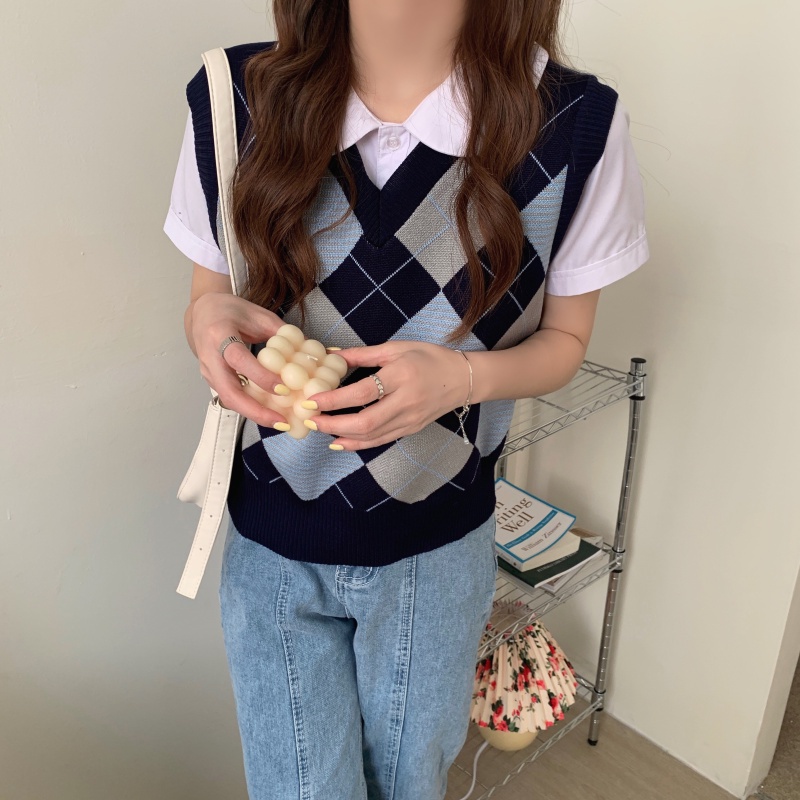Áo Gile nữ Cổ tim Phong cách Retro Họa tiết Hình học Ulzzang Hàn Quốc Gile nữ Cổ V Vintage Thời trang