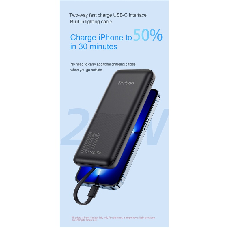 Pin Sạc Dự Phòng Yoobaao LC1 Dung lượng 10000mAh Dòng Sạc 22.5w 2 Cáp mỏng tích hợp PD QC Sạc nhanh Cáp Lightning Type-C