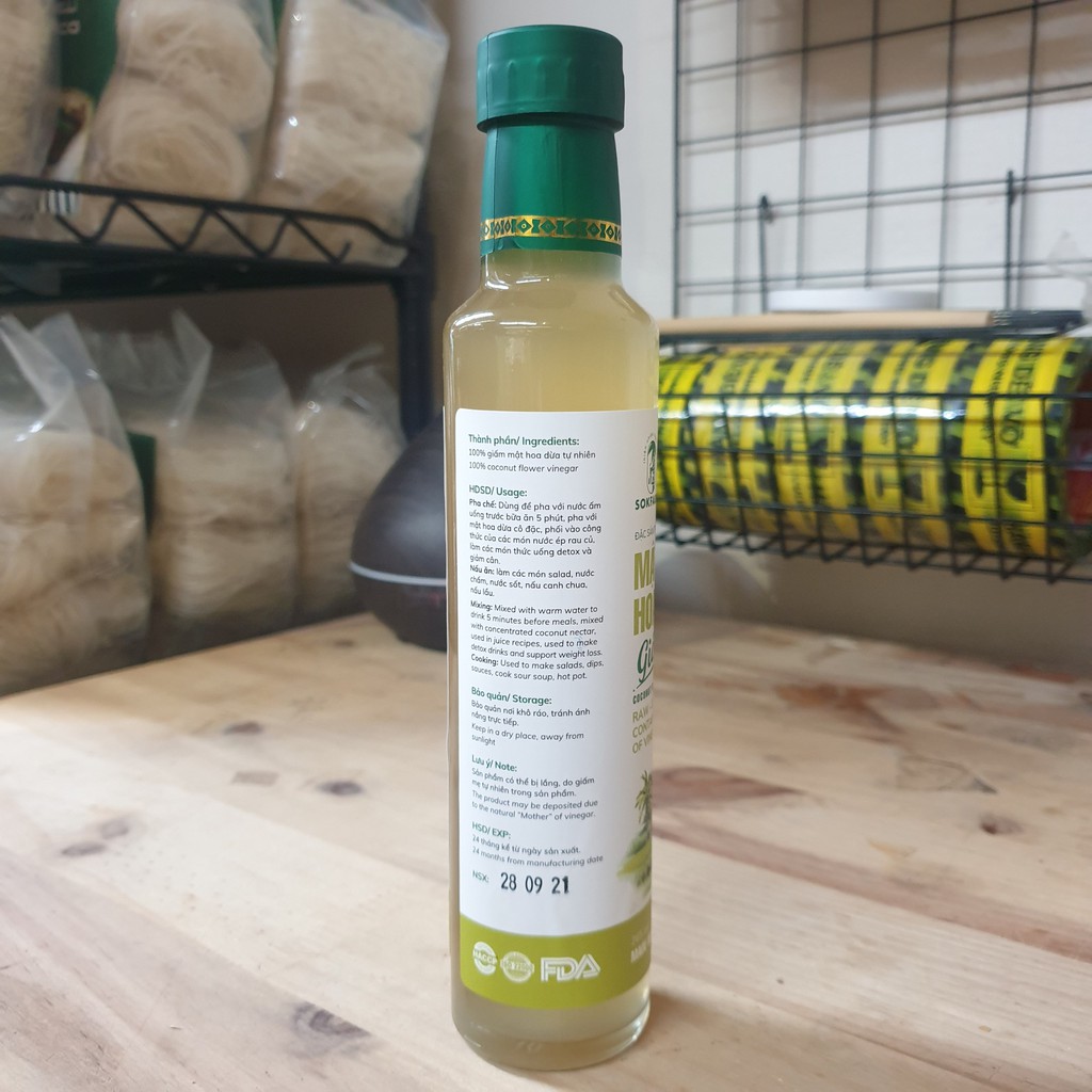Giấm mật hoa dừa Sokfarm 265ml được lên men tự nhiên từ mật hoa dừa tươi nguyên chất 100%
