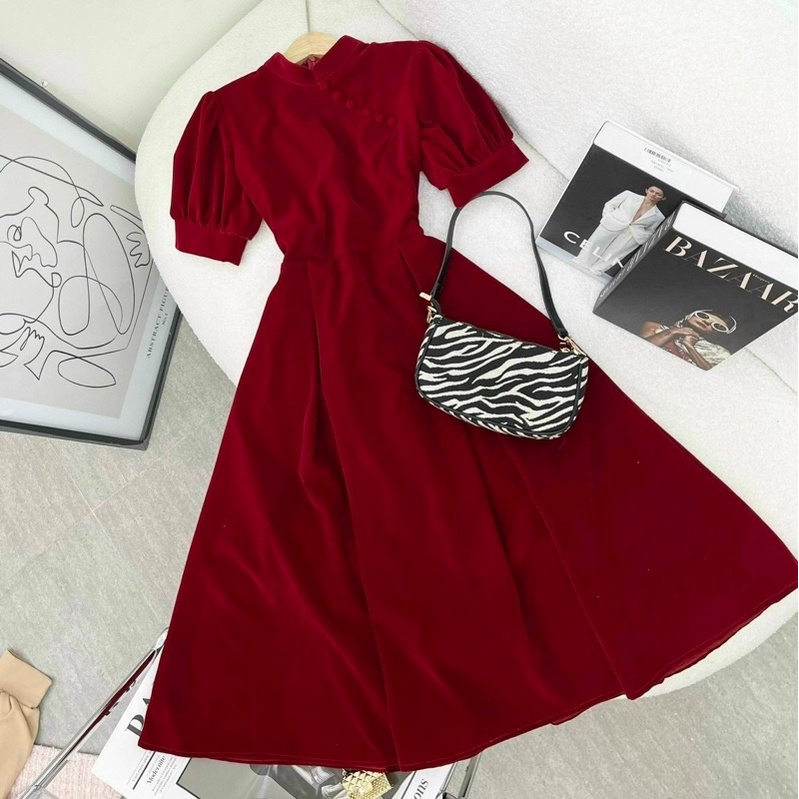 Đầm xoè cổ tàu tay phồng nút bọc phong cách tiểu thư cổ điển