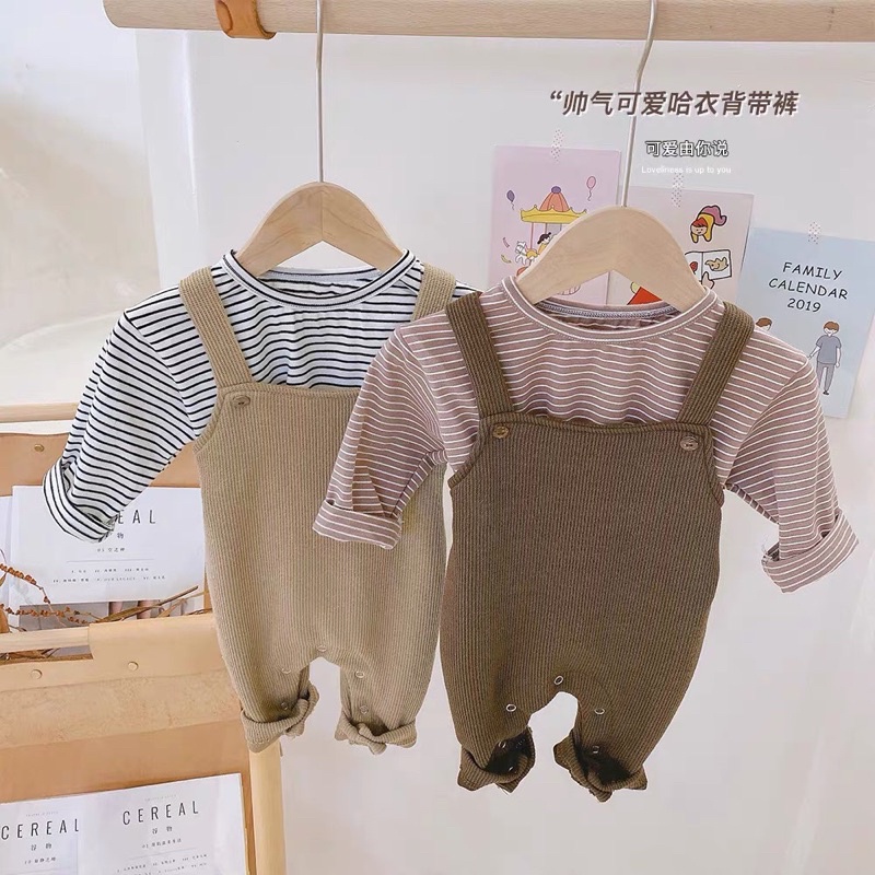 Set body tổ ong áo kẻ cho bé