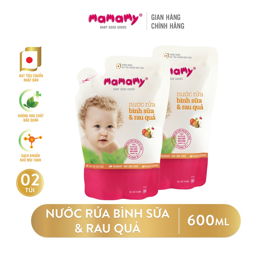 Nước rửa bình sữa và rau củ Mamamy 600ml - Combo 2 túi