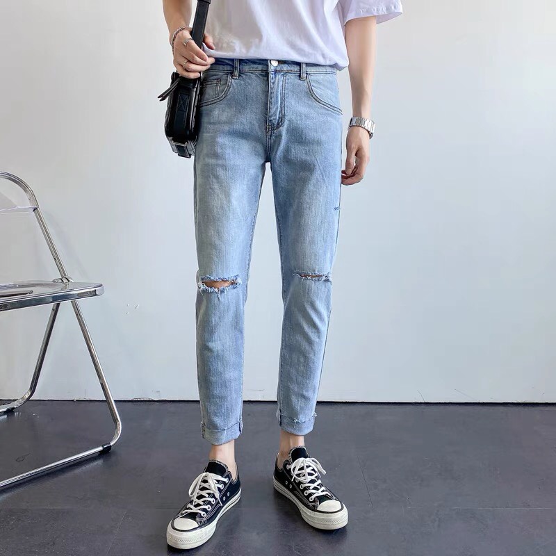 Quần bò nam skinny rách 2 gối denim, Quần jean ống côn dáng bó cao cấp mềm mịn, co dãn 4 chiều, slim fit