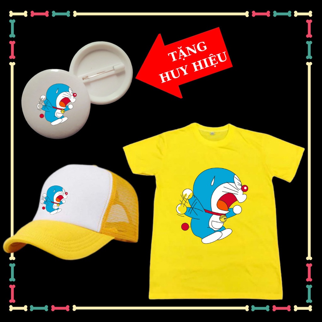 Tặng HUY HIỆU Doremon - Combo mũ áo phông Doremon cho bé trai bé gái xịn xò đủ màu sắc