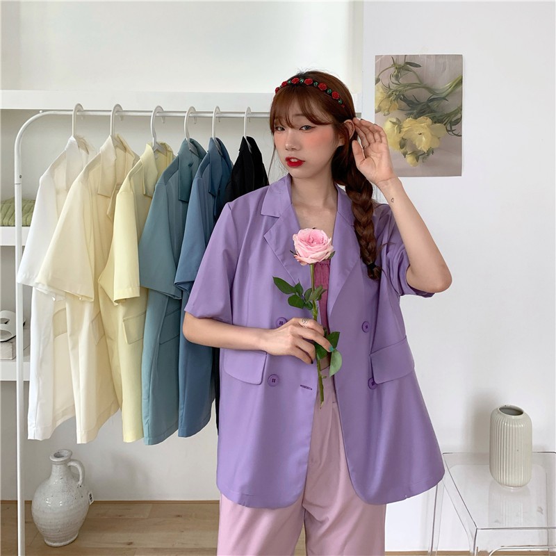 Áo Khoác Blazer Tay Ngắn Dáng Rộng Phong Cách Hàn Quốc Cho Nữ