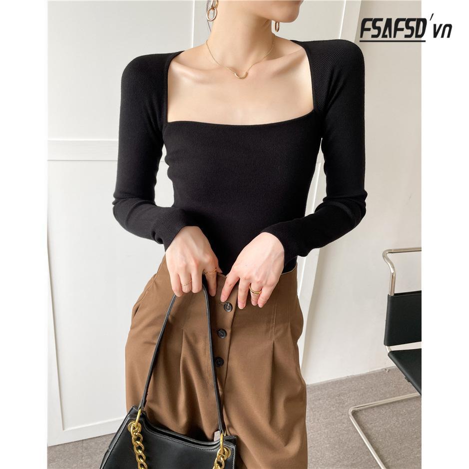 Áo Sweater Cổ Vuông Phong Cách Retro Pháp