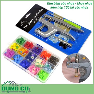 Kìm bấm cúc nhựa, khuy nhựa kèm hộp 150 bộ cúc 15 màu