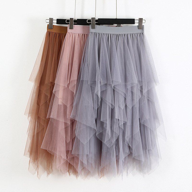 FREESHIP ĐƠN 99K_ Women Elastic High Waist Irregular Mesh A-line Long Paragraph Skirt