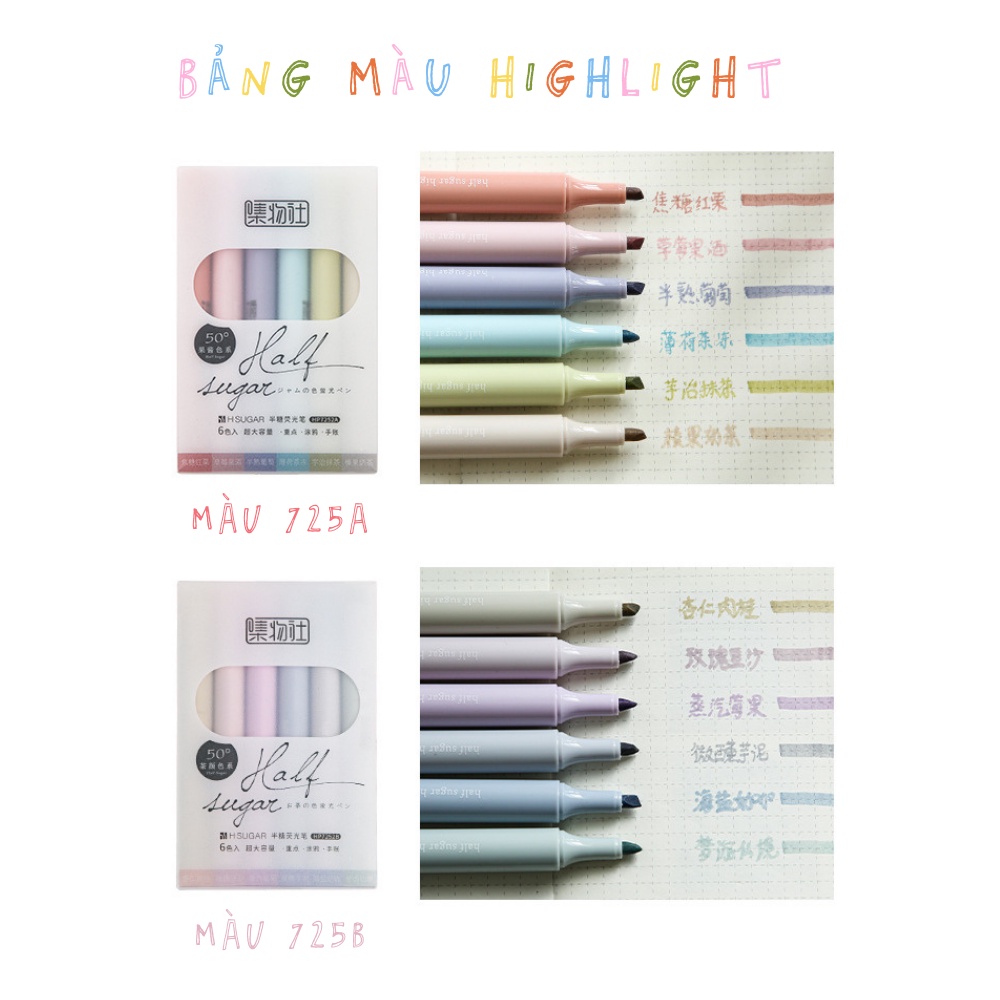 Set 6 bút highlight pastel Half sugar đánh dấu nội dung bài học