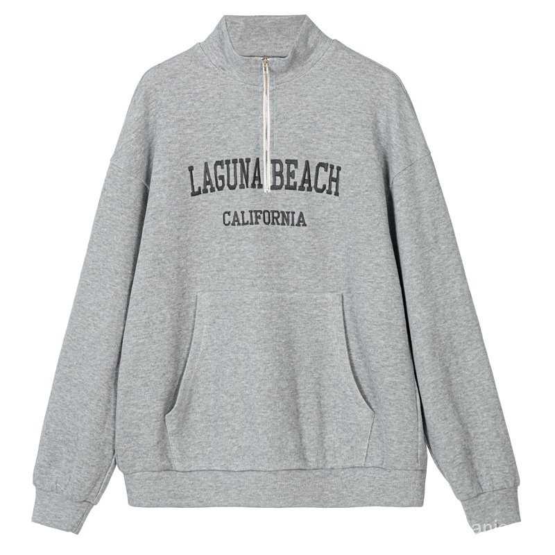 Áo sweater tay dài cổ cao phối khoá kéo thiết kế dáng rộng thoải mái