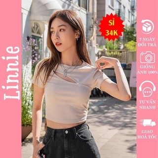 Áo Croptop Nữ Ngắn Tay Khoét Ngực Linnie Áo Thun Nữ Cổ Tròn Ôm Body Thiết Kế Cực Xinh Xắn