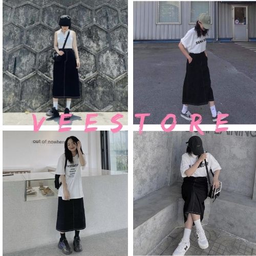 Chân váy kaki chỉ nổi cạp chun ulzzang/ Đầm nữ thiết kế dáng dài màu đen mặc đi học, đi chơi phong cách Hàn quốc