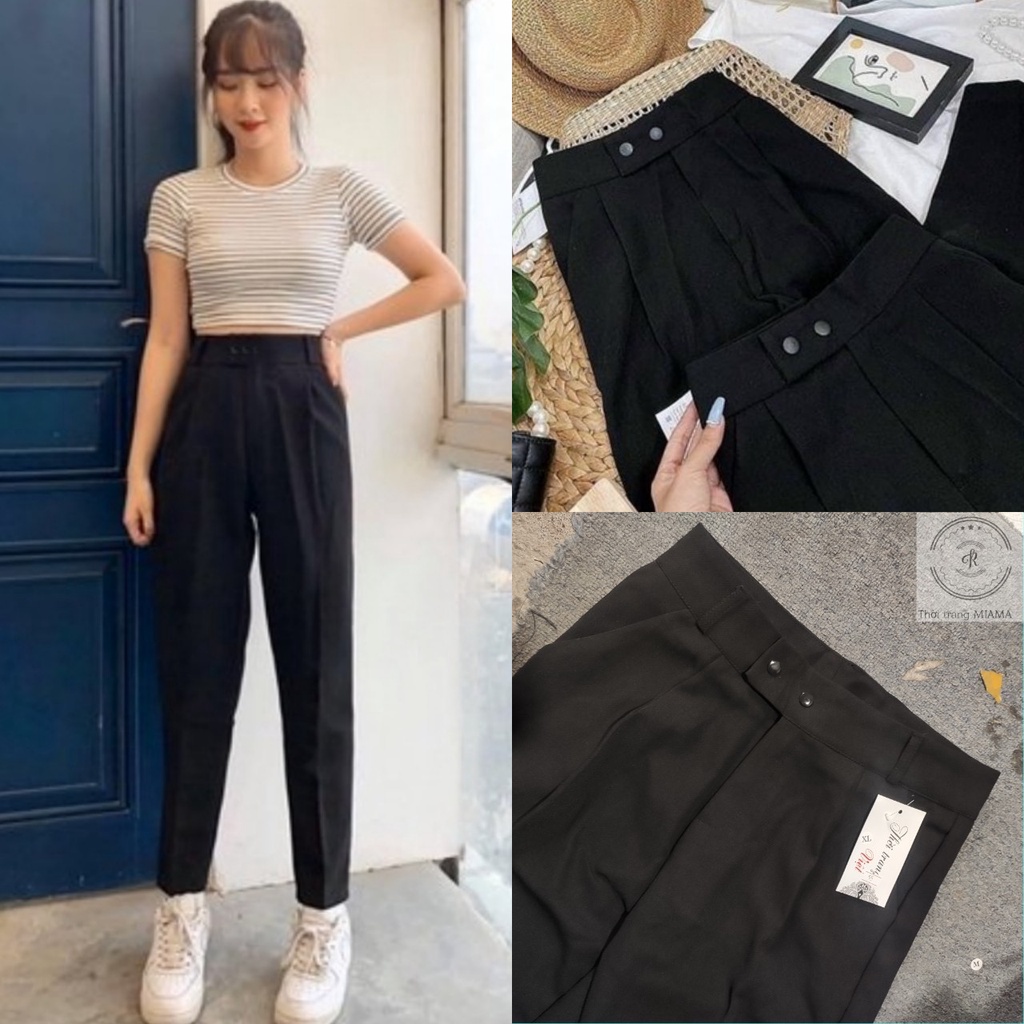Quần tây nữ đi học lưng cao dáng dài màu đen ống đứng đáy cao kiểu Quần baggy nữ công sở 2 khuy cúc lệch vải dày dặn mềm