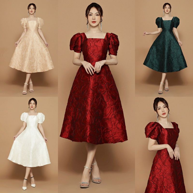 Đầm xòe gấm cổ vuông cao cấp