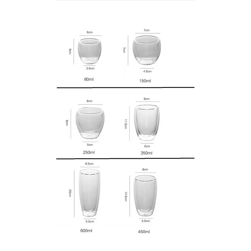 Cốc thủy tinh 2 lớp 80ml - 250ml - 350ml - 450ml
