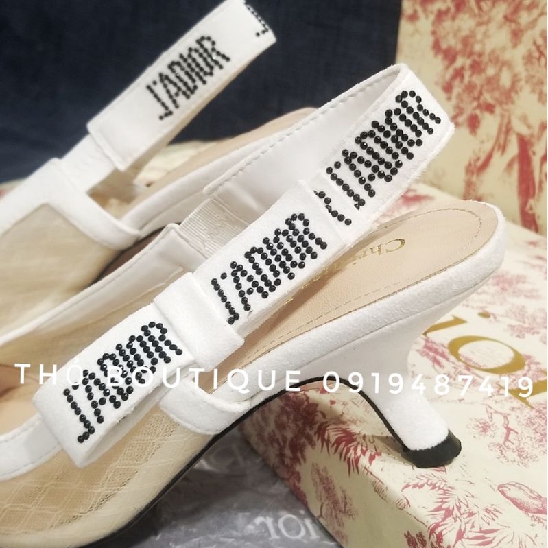 Giày cao gót J'aDi.or xuất xịn lưới nude phối quai nơ đính đá da lộn trắng 5cm size 36 37 38 39