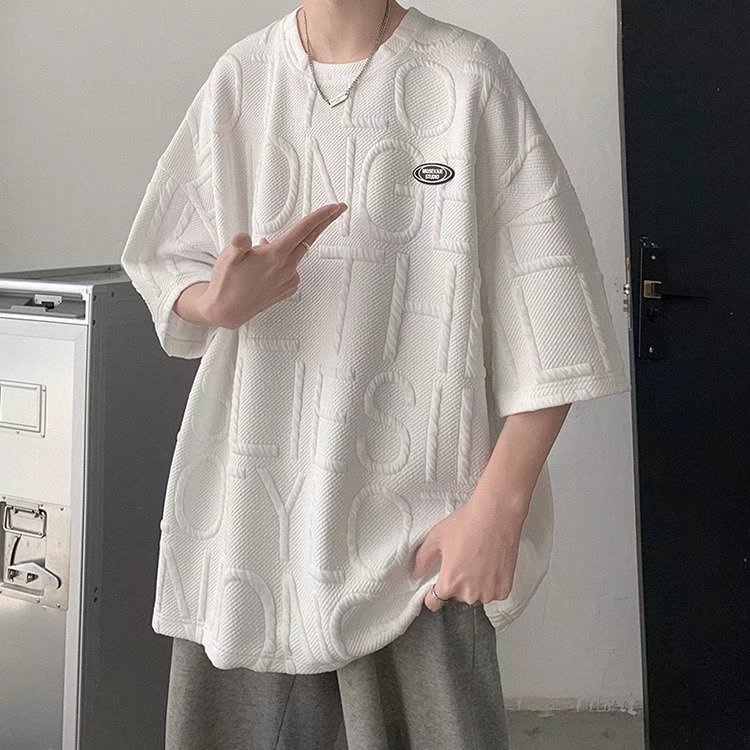 Áo Thun Cổ Tròn Dập Nổi Họa Tiết Chữ Cái Màu Trơn Phong Cách Hip Hop Đường Phố Thời Trang Hàn Quốc Cho Nam Và Nữ