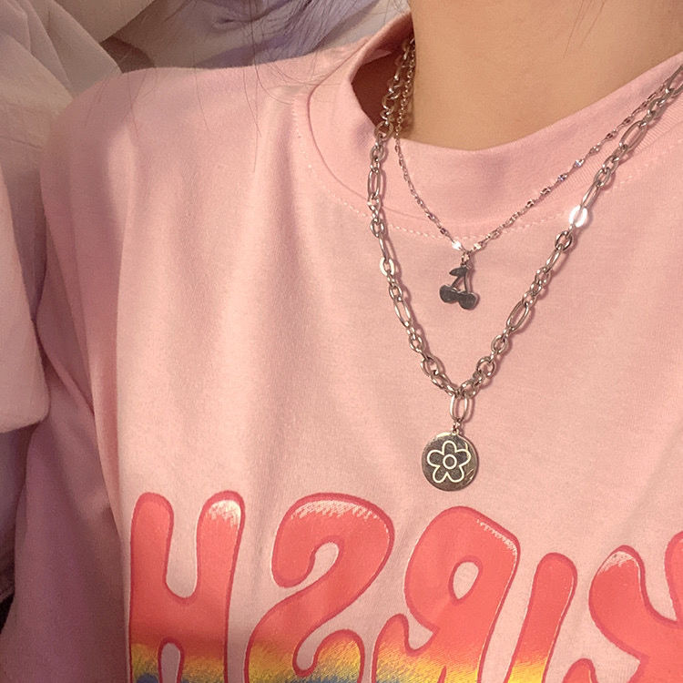 Dây chuyền có mặt hình hoa và quả cherry phong cách hip hop cho học sinh 2021