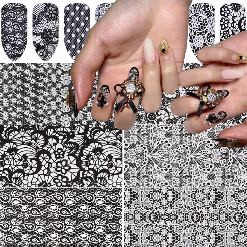 Set 16 Nhãn Dán Móng Tay Tự Dính Họa Tiết Ren Trắng Đen Thời Trang DIY
