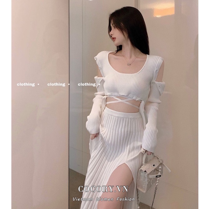 Áo Croptop Dệt Kim Trễ Vai Tay Dài /Chân Váy Maxi Xẻ Tà Thời Trang Quyến Rũ Cho Nữ