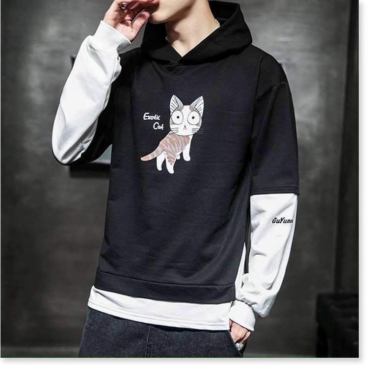 ÁO HOODIE NAM NỮ PHỐI TAY HAI MÀU HỌA TIẾT MÈO NGÁO NGƠ