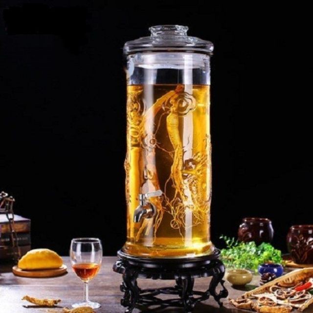 Bình 25 lít ngâm rượu thủy tinh dáng trụ hoa văn rồng có van và không van