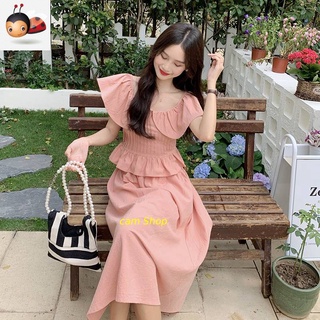 Set váy áo trễ vai ly eo chân váy midi xẻ màu hồng dễ thương