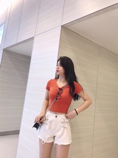 Quần Short Jean Lưng Cao Phối Khoen (100% ảnh thật)