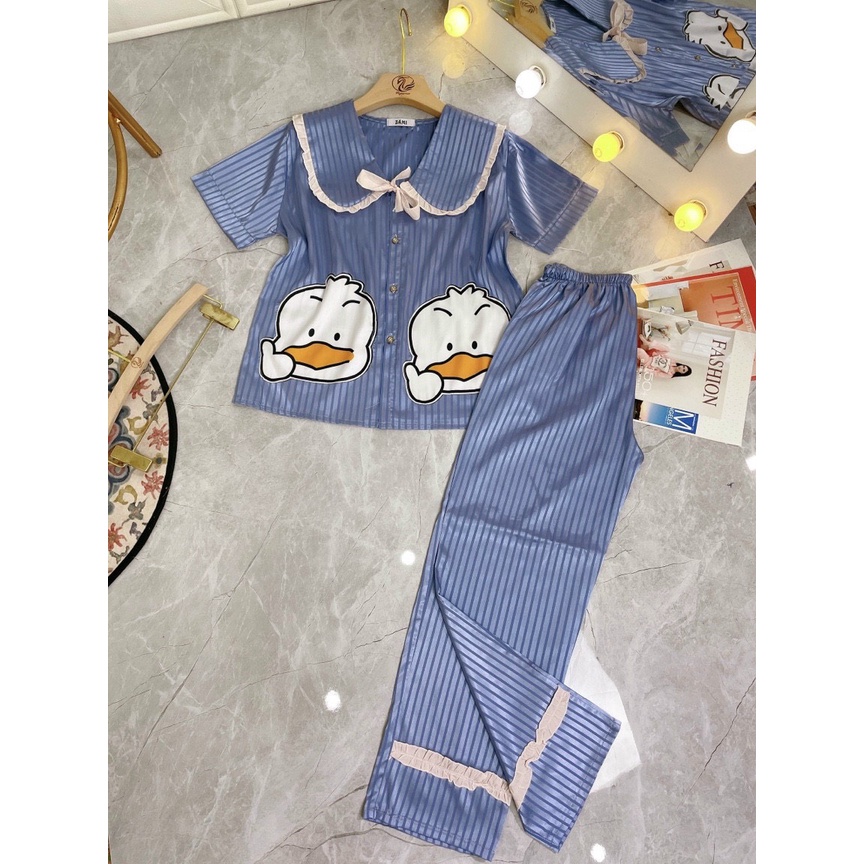 Bộ Pijama Lụa Gấm Cao Cấp in Hình Dễ Thương , Chất Gấm Mềm Mịn Sang Chảnh ( Video thật )