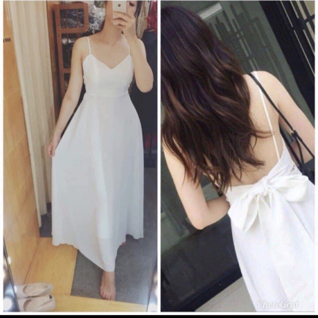 Đầm Maxi Trắng 2 Dây Thắt Nơ Lưng