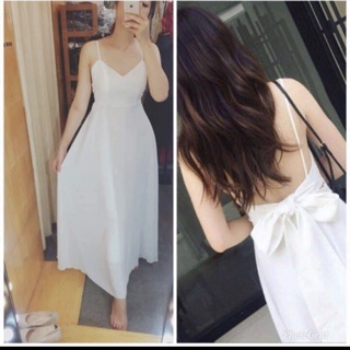 Đầm Maxi Trắng 2 Dây Thắt Nơ Lưng