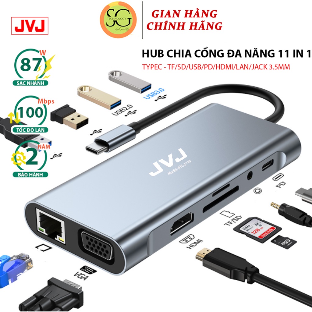 Hub chuyển đổi Macbook JVJ C11 cổng TypeC 11in1 sáng HDMI 4K, VGA, USB - C 3.0, cổng lan RJ45, TypeC 3.5mm BH 2 năm1đổi1