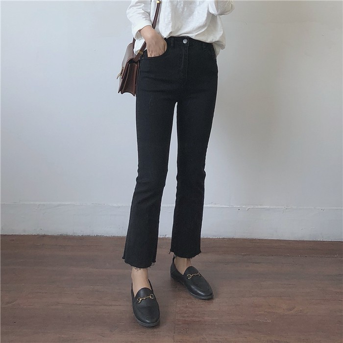 190109 Quần jeans nữ ulzzang loe nhẹ co giãn tốt màu đen trơn có size