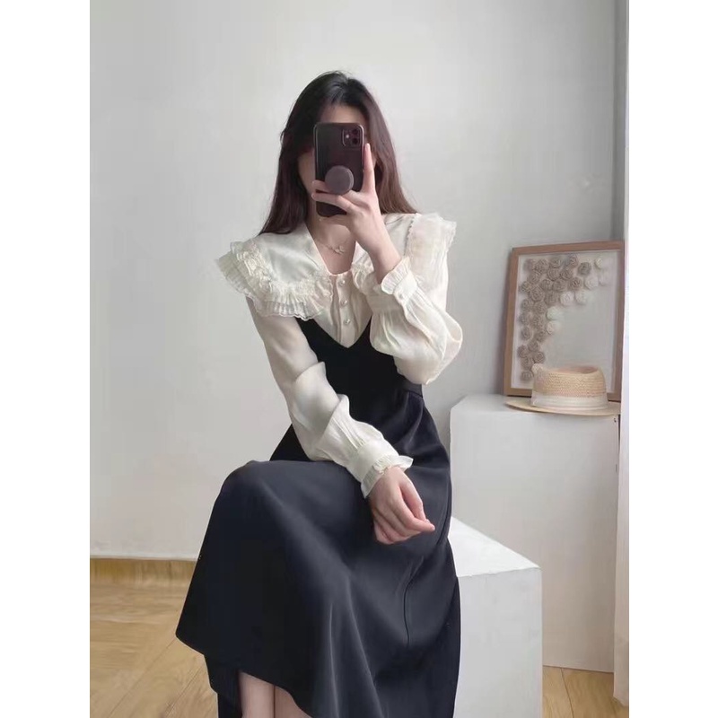 Váy chữ A dáng xuông dài cổ bèo tiểu thư chất chéo Thái dày dặn ren tơ mềm mịn thấm mồ hôi mặc đi làm đi chơi V225