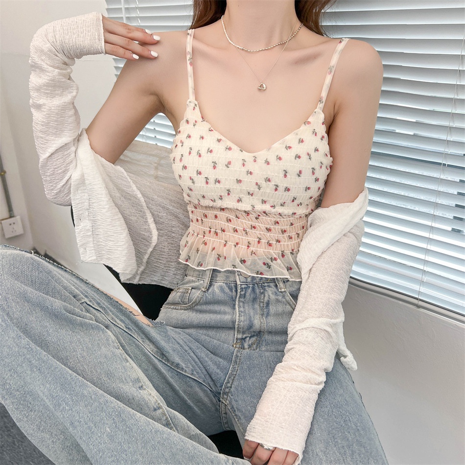 Áo Bra 2 Dây Nhún Hoa Nhí Bo Chun - Áo Thun Croptop Tiểu Thư Đáng Yêu AMYBRA B8421