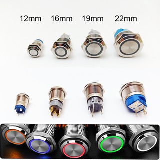 19mm 22mm Điện Tử Chrome Pin Chân Đèn LED Kim Loại Nút Nhấn Tạm Thời Công Tắc Chống Thấm Nước 12v 220v 24v 3v 6v Công Tắc Nút LED