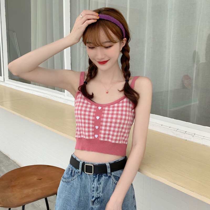 Áo Vest Dệt Kim Kẻ Caro Ngọt Ngào 175288 Áo Croptop Hai Dây Gợi Cảm Xinh Xắn Dành Cho Nữ