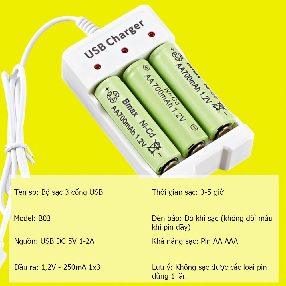 Bộ sạc pin tiểu AA AAA Bmax B03, sạc pin NiCd / NiMh 3 cổng đa năng