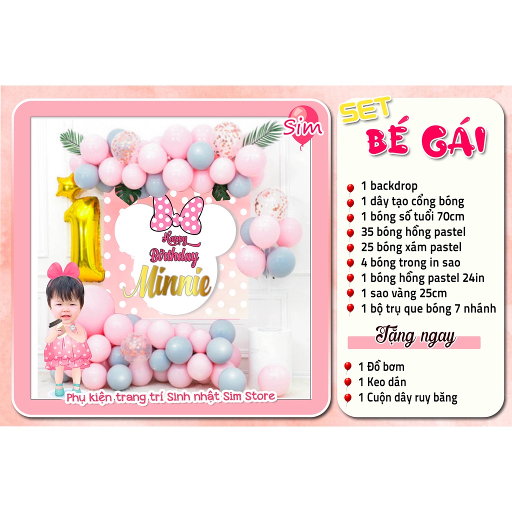 Set trang trí sinh nhật, trang trí thôi nôi, đầy tháng bé gái hot trend siêu dễ thương trọn bộ đầy đủ Simparty