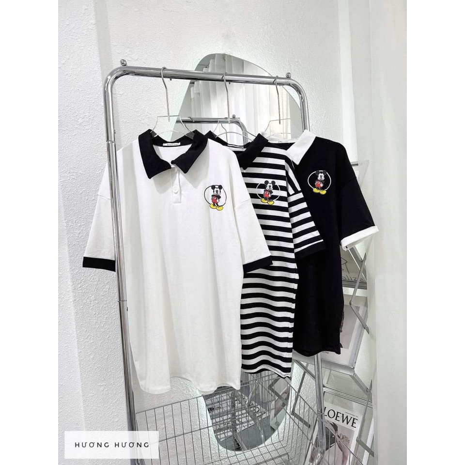 A012 Áo thun nữ tay lỡ cổ sơ mi form rộng logo chuột mickey cổ bẻ cá tính