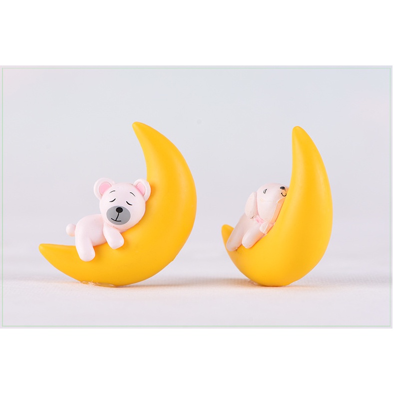 Mô hình thú ngủ mặt trăng (mèo, gấu, thỏ, chó trắng) làm móc khóa, trang trí Jibbitz, tiểu cảnh, terrarium, DIY