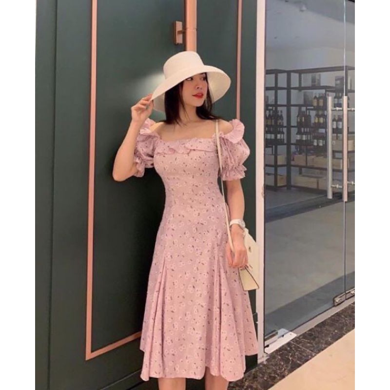 Đầm hoa maxi bèo bẹt vai nhún thun.